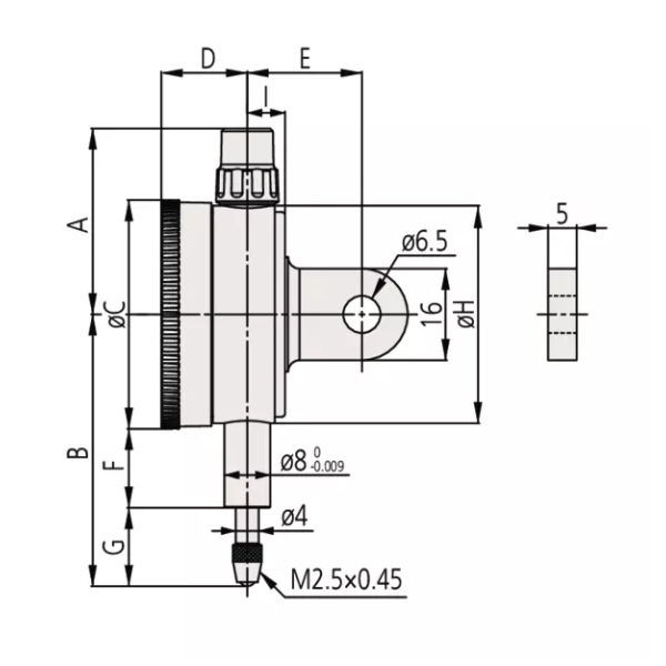 Comparateur, dos plat, version ISO 5 mm, 0,01 mm