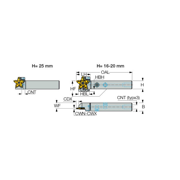 PCHL 25-34-JHP Utensili per scanalatura, troncatura e recessi per inserti PENTA, con canali per il refrigerante ad altissima pressione