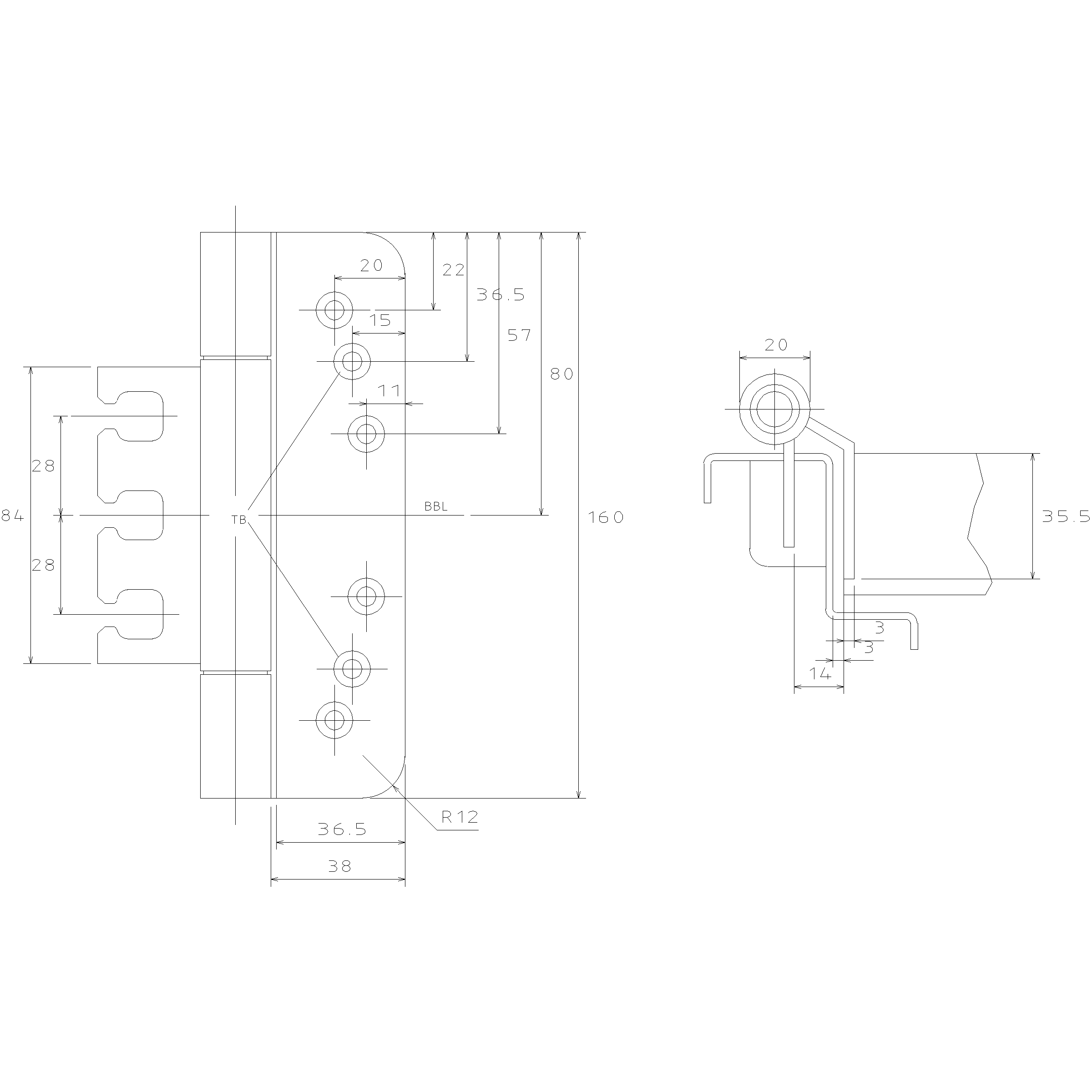 KAULS Paumelle B2038/161/X inox brossé mat 160/38mm