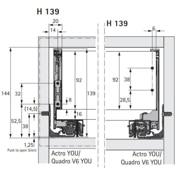 Hettich Huisserie AvanTech YOU H139 LN 500 mm ga/dr ant