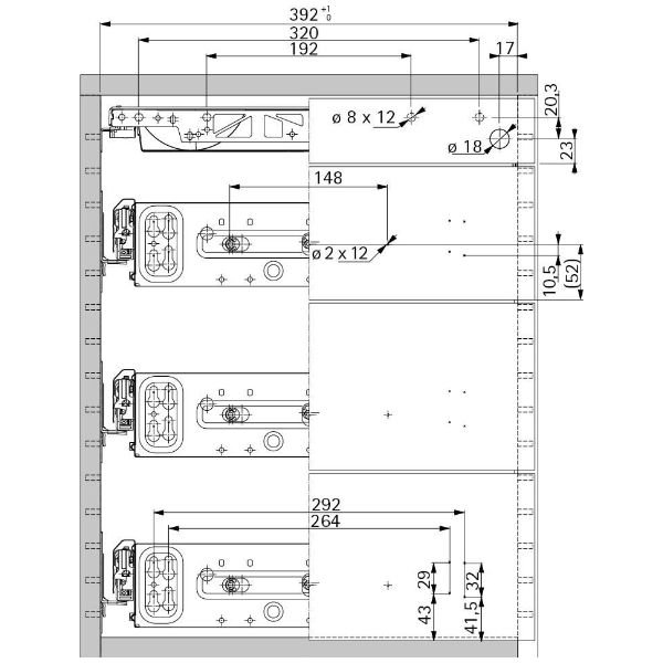 Hettich Ensemble de caissons de bureau Extensible sortie compl. avec Silent Système 1 HE + 2 HE + 2.5 HE + 2.5 HE