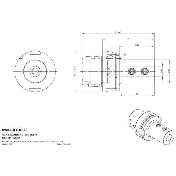 Werkzeughalter für Wendeplatten-Vollbohrer HSK A 63 / Ø 16 / Schaft nach DIN 6595