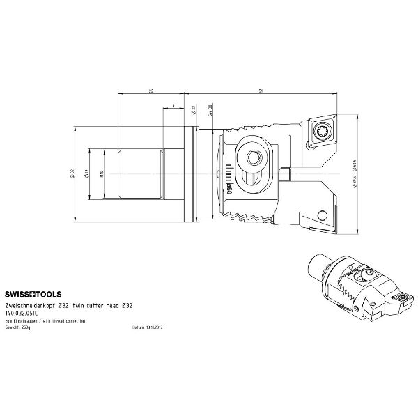 Zweischneiderkopf M16 zum Einschrauben Ø 32 / 39.5-50.5