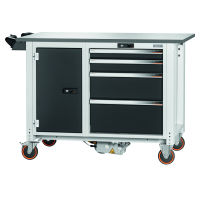 Werkbank, elektrisch fahrbar, links Tür, rechts 4 Schubladen, Eluplan-Platte dunkel, 20×20G, Plattenlänge: 1250mm