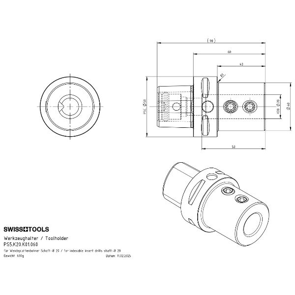Werkzeughalter für Wendeplatten-Vollbohrer PSC 50 / Ø 20 / Schaft nach DIN 6595