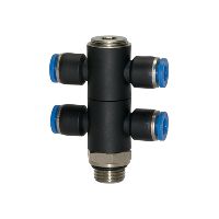 Distributore multiplo a T «Serie blu», quadruplo, girevole, G 1/8 esterno Ø4 mm