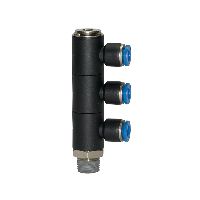 Distributore multiplo a L «Serie blu», girevole in 3 direzioni, R 3/8 esterno Ø12 mm