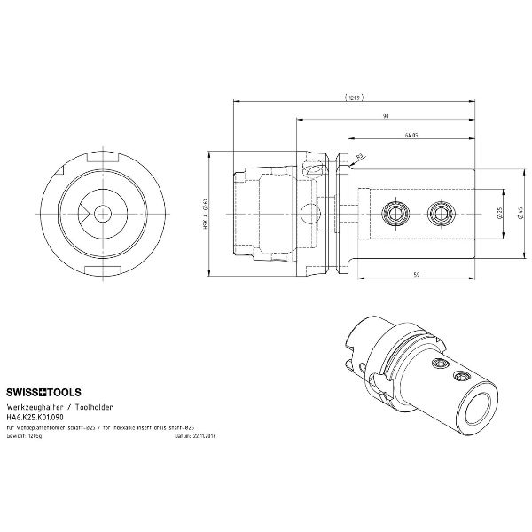 Werkzeughalter für Wendeplatten-Vollbohrer HSK A 63 / Ø 25 / Schaft nach DIN 6595