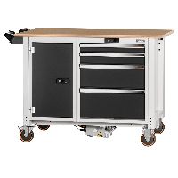 Werkbank, elektrisch fahrbar, links Tür, rechts 4 Schubladen, Buche-Multiplex-Platte, 20×20G, Plattenlänge: 1250mm