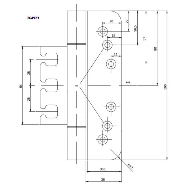 KAULS Paumelle B2038/161/X inox brossé mat 160/38mm