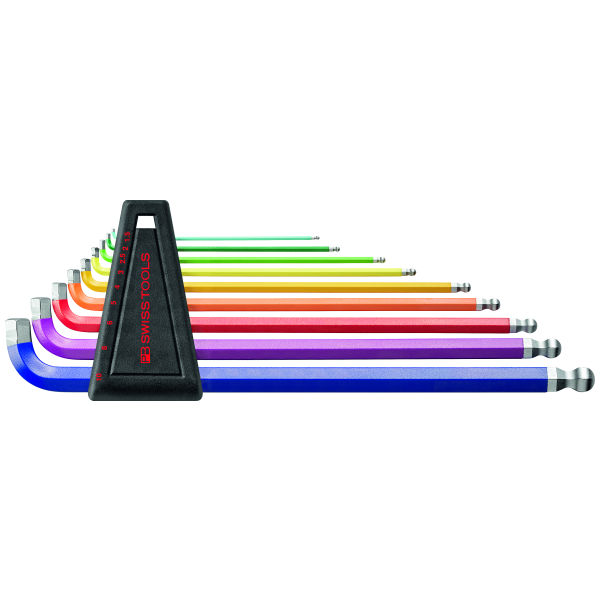 6-briaunių ilgų lenktų raktų rinkinys 90° – 100° su rutuline galvute ir trumpa kojele dažyti milteliniu būdu, Atsuktuvų skaičius: 9