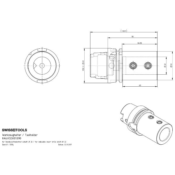 Werkzeughalter für Wendeplatten-Vollbohrer HSK A 63 / Ø 32 / Schaft nach DIN 6595